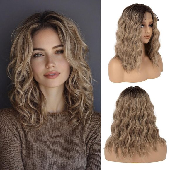 New 16 Inch Medium Length Wavy Ombre Ash Blonde Synthetic Wig with Adjustable Ba - Picture 1 of 1